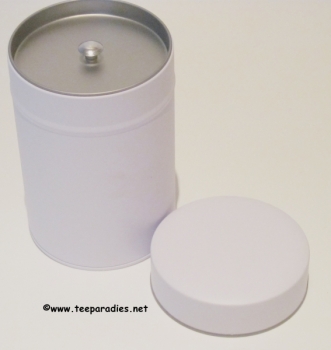 Tea tin white with slip rid, round