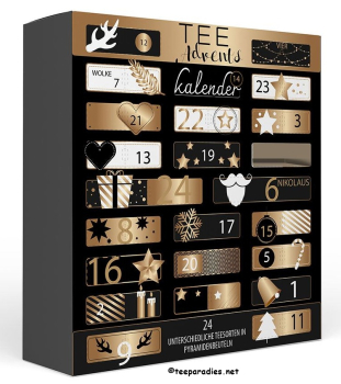 XL Tee Adventskalender „Goldene Weihnachten“ mit 24 Pyramidenbeuteln einzeln im Sachets verpackt Format 370 x 92 x 410 mm mit Türchen 70 g.