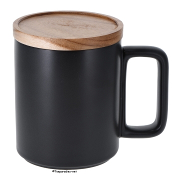 Keramik Becher 'Wooden-Black' 450 ml mit Holzdeckel