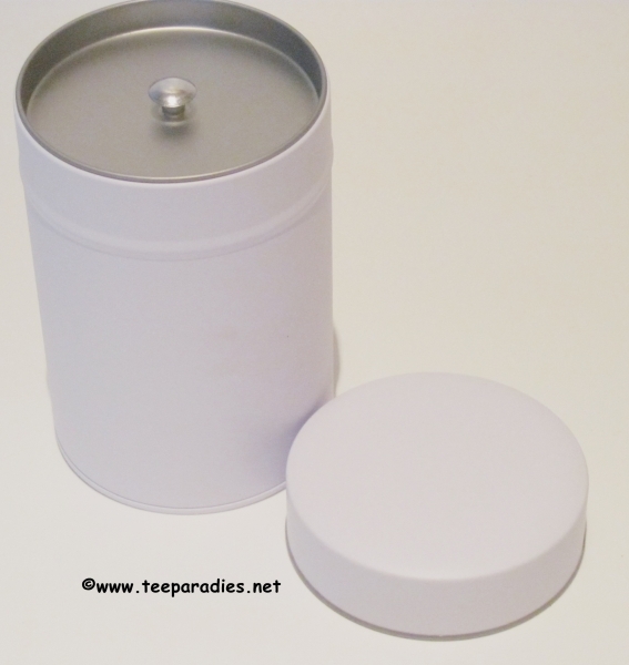 Tea tin white with slip rid, round