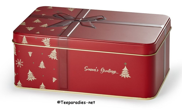 Cookie Tin "Season's Greetings", red tinplate, rectangular, hinged lid matt, embossed 19.2 x 12.7 x 7.5 cm