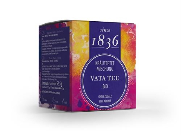 BIO: 1836 BIO Kräuterteemischung: k.b.A. Vata DE-ÖKO-003 ohne Zusatz von Aroma since 1836 – 52,50 g.
