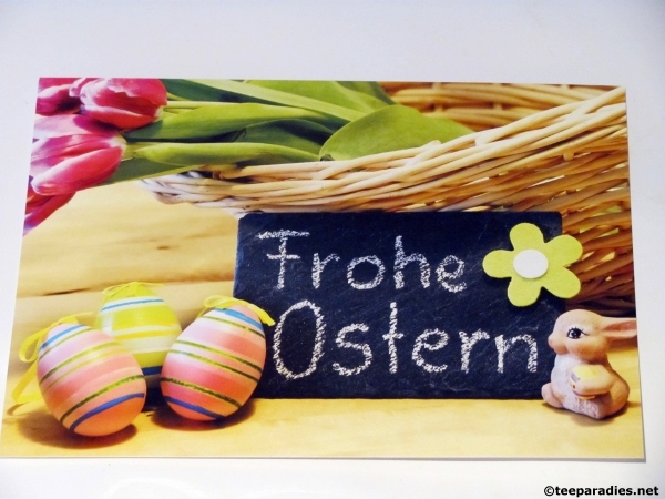 Osterkarte "Frohe Ostern" auf Tafel
